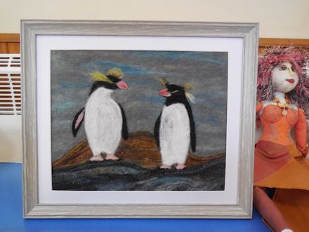 Needle felted picture of Macaroni penguins by Sheila Murray